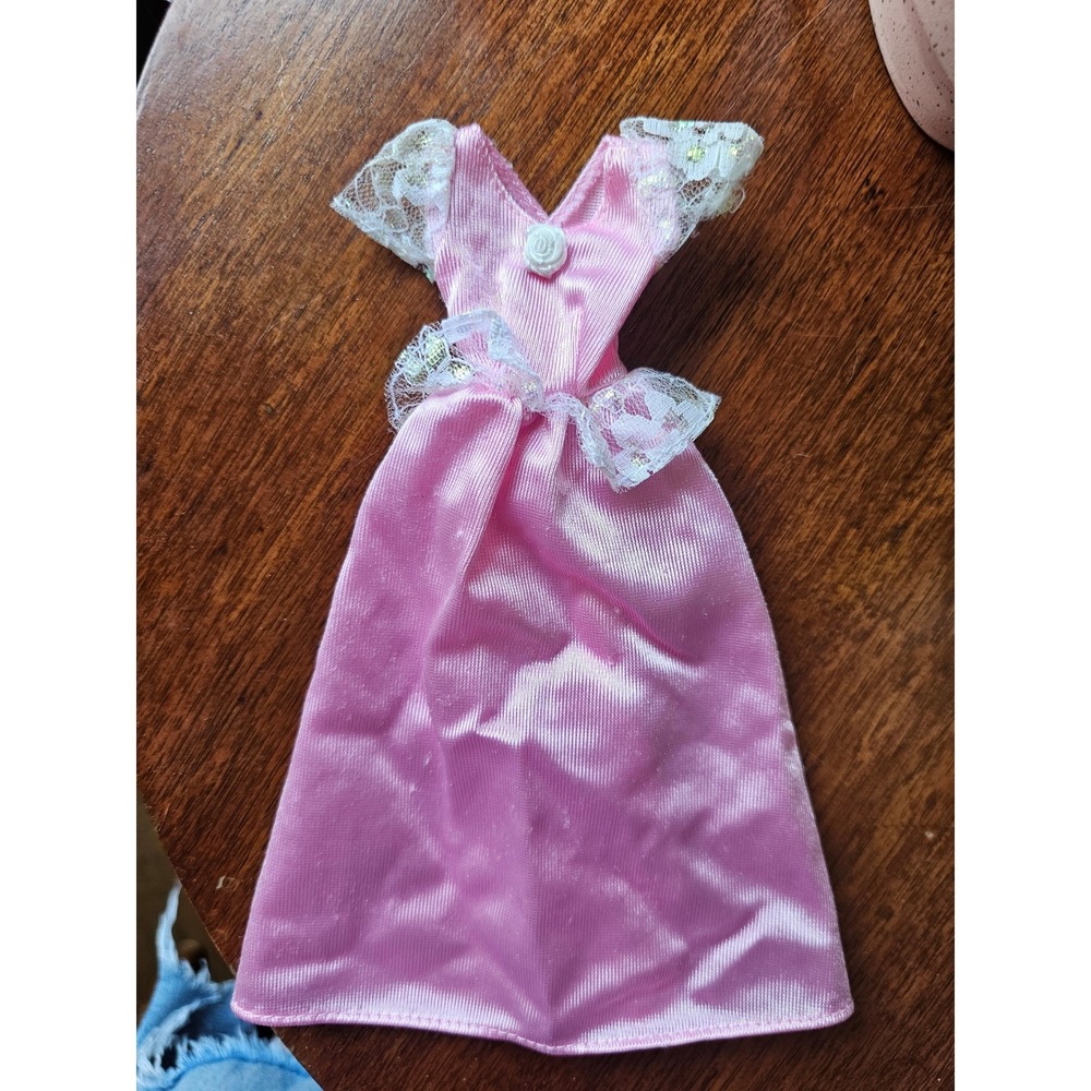 Vintage Barbie Pink Satin Gown Lace Trim Rose Detail Genuine Barbie Tag